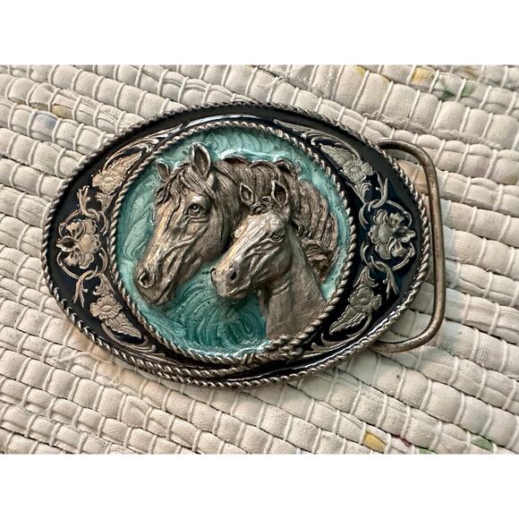 VINTAGE 1991 SISKIYOU BUCKLE CO. USA TURQUOISE ENAMEL DOUBLE HORSE BELT BUCKLE main image 6